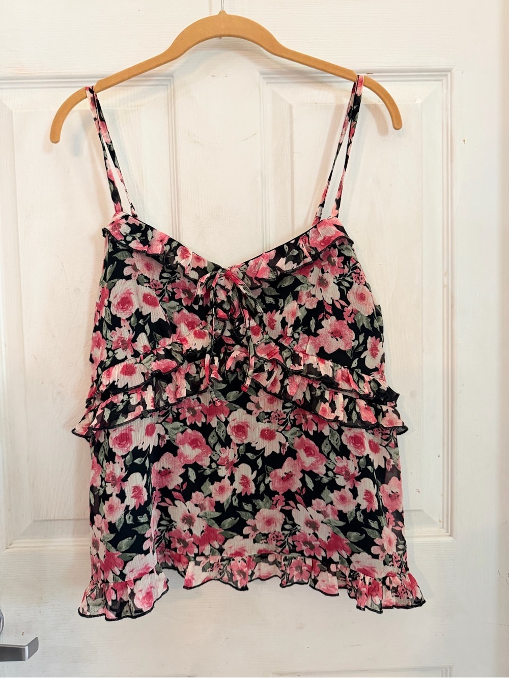 No Boundaries Black and Pink Floral Ruffle Camisole